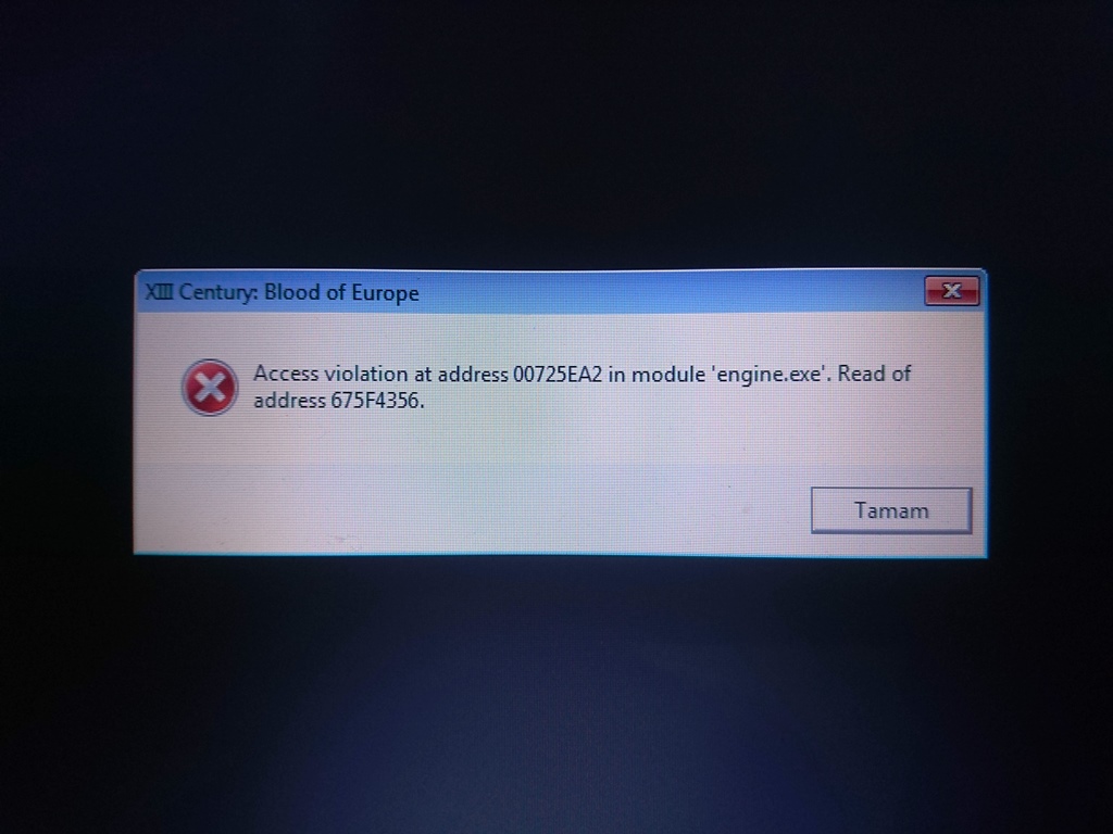 Access violation address 'engine.exe' in module 00725EA2. See address 66756369 for XIII Century