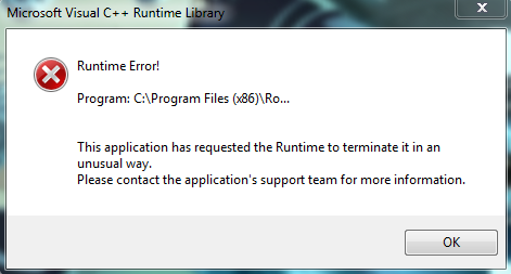 Microsoft Visual c++ runtime. Runtime Library. Microsoft Visual c++ runtime Library. Runtime Error. This application has requested the runtime