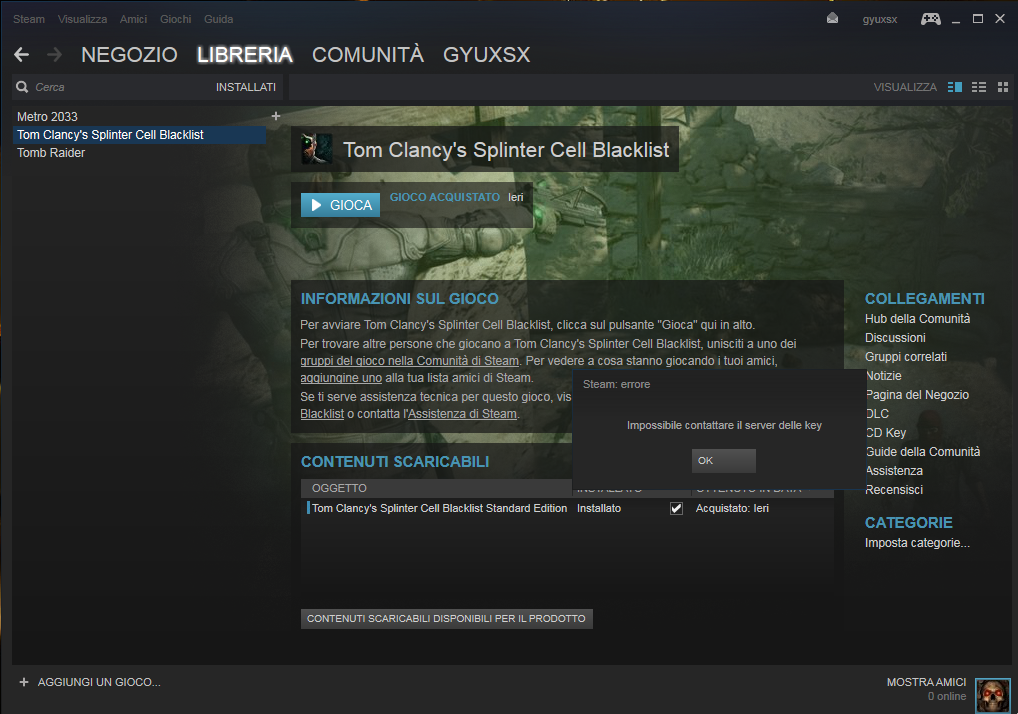 Impossibile contattare il server delle key for Tom Clancy's Splinter Cell Blacklist