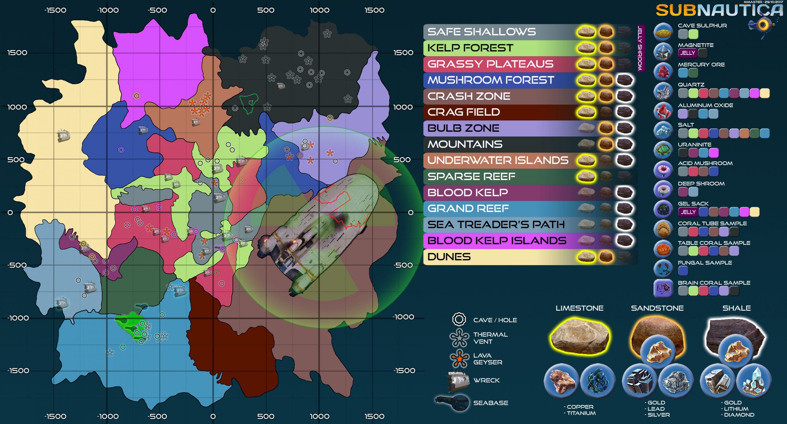 Ingame Map with Resource sheet for Subnautica