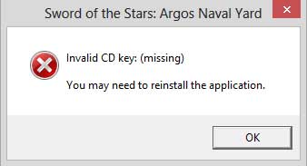 Invaid or missing cd key fix from the steam install for Sword of the Stars Complete Collection