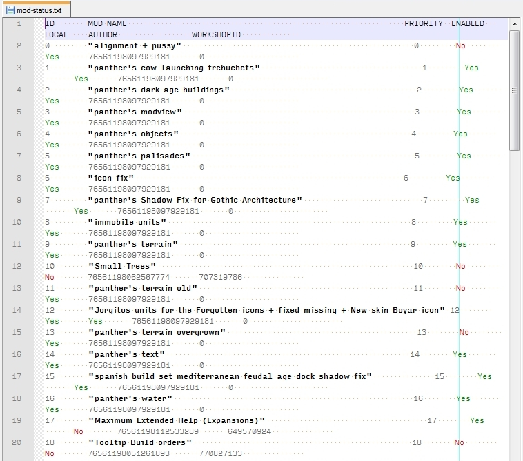 Notepad++ UDL (style) for the mod-status.txt file that AoE2HD uses for Age of Empires II (2013)