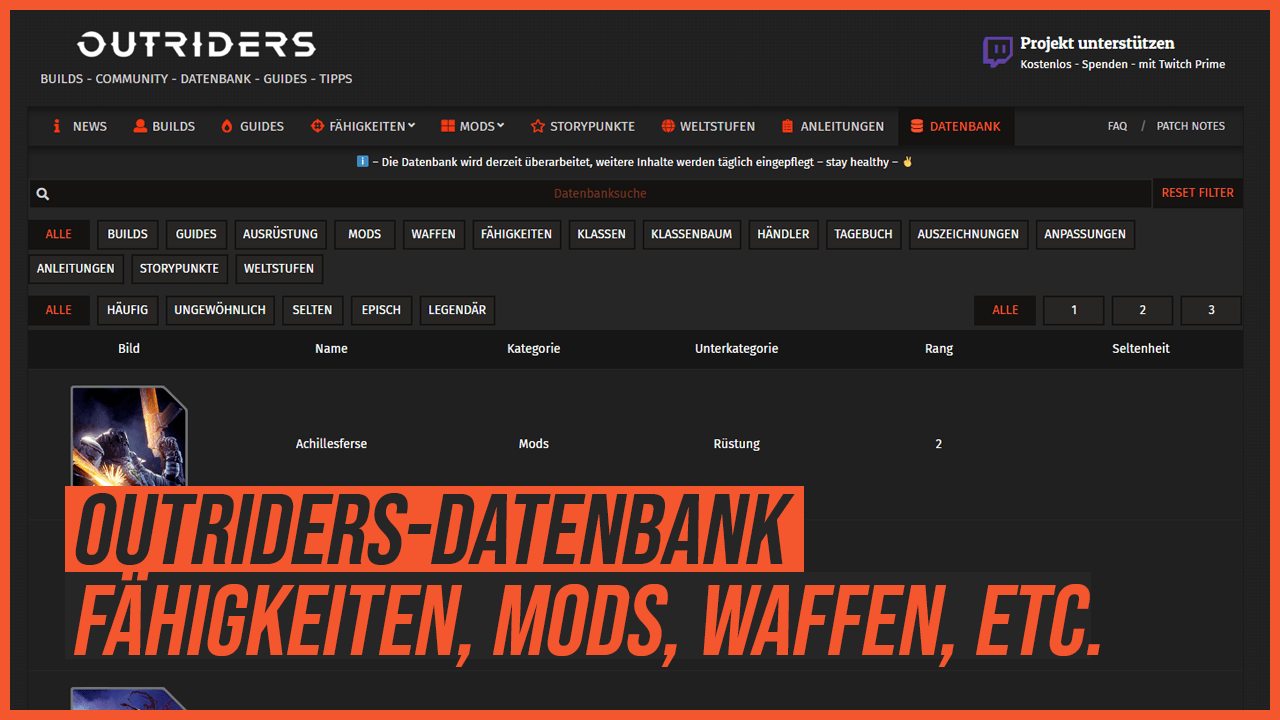 Outriders Datenbank - Fähigkeiten, Mods, Waffen, uvm. for OUTRIDERS