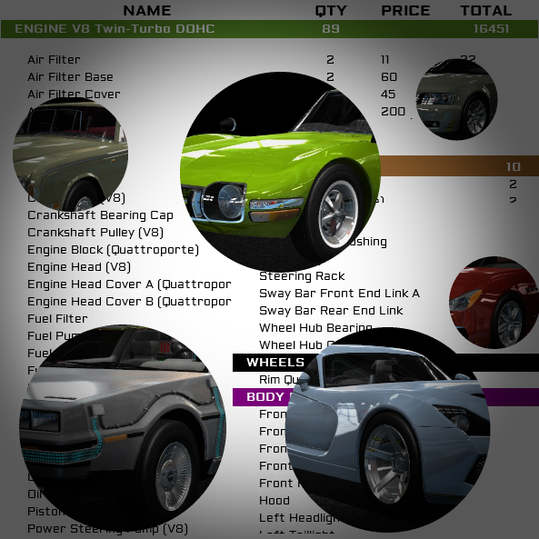 Parts list; Car parts lists with prices and total restoration cost for Car Mechanic Simulator 2015