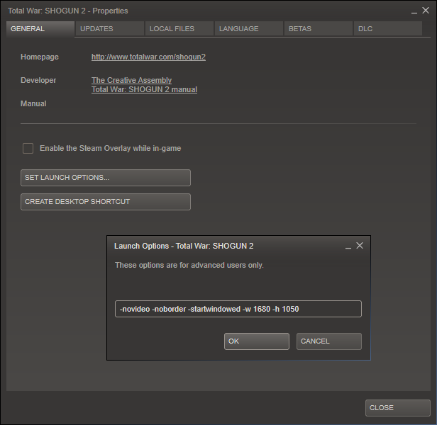 Steam Game Launch Options in a Window Instructions for Total War: SHOGUN 2