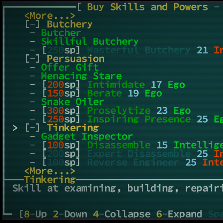 Tables for skils, mutations and defects for Caves of Qud