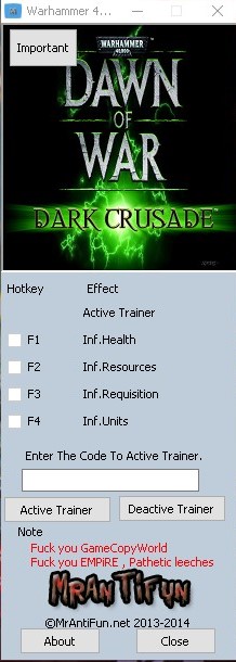 Trainer {+4} MrAntifun (for Dark Crusade) for Warhammer 40,000: Dawn of War - Dark Crusade