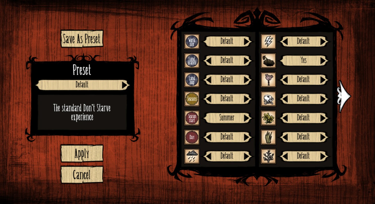World settings icons for Don't Starve